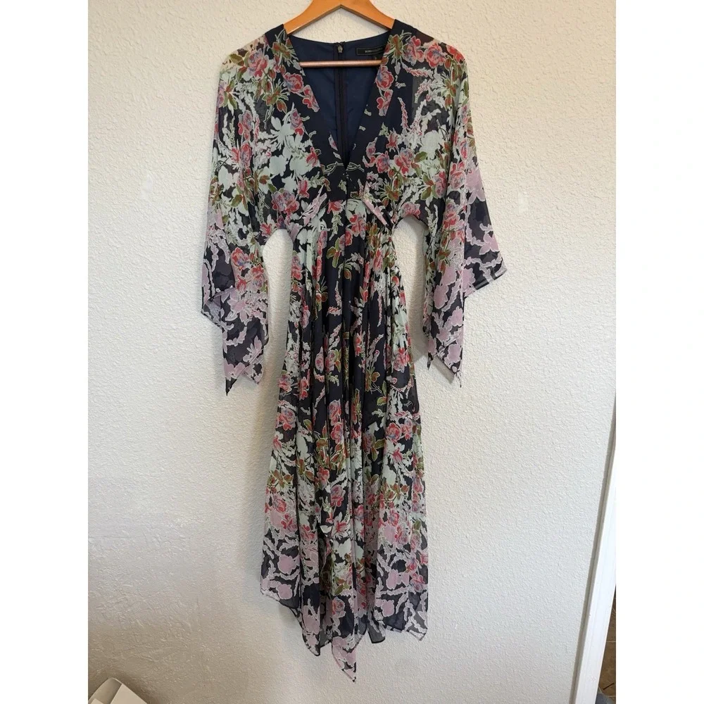 BCBGMAXAZRIA Navy Floral Silk Maxi Dress XXS Spring Wedding Guest Graduation
